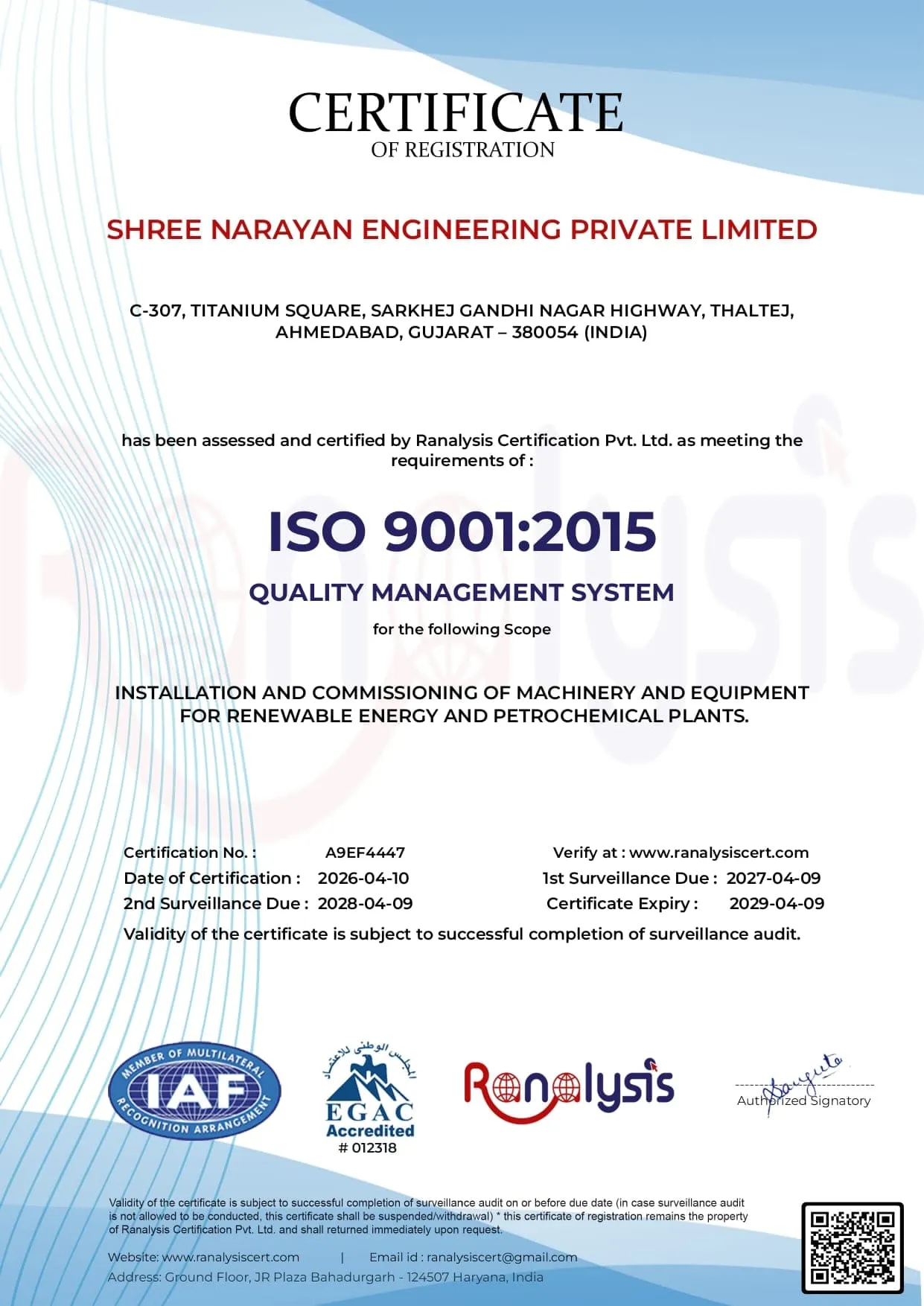 Narayan Energy ISO 9001:2015 Certificate
