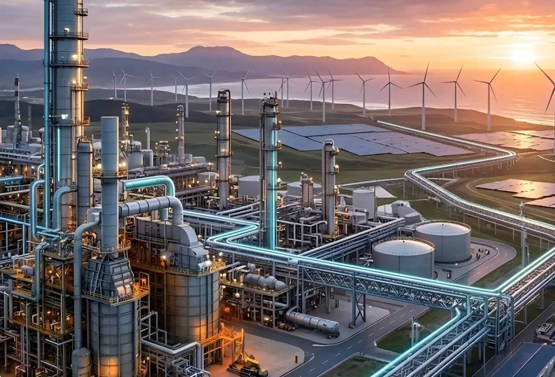 Industrial process plant with storage tanks, pipelines, solar panels and wind turbines